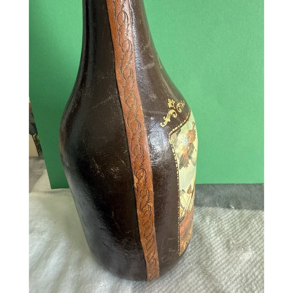 Genuine Leather Wrapped Wine Decanter Bottle Fausto Corduri Italy Duck Scene
